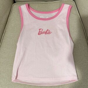 embroidered barbie tank top with dark pink trim